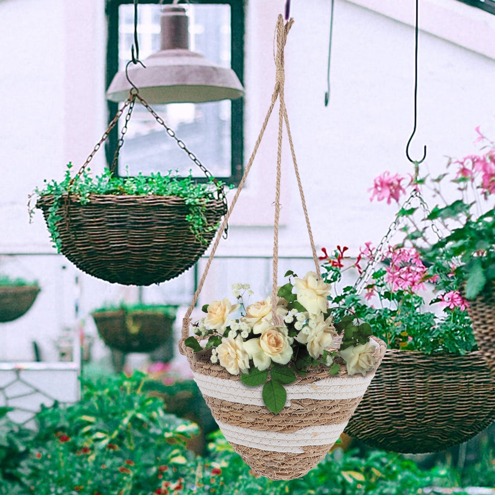 Woven Straw Flower Planter Hanging Basket for Decoration Beige Various Plants
