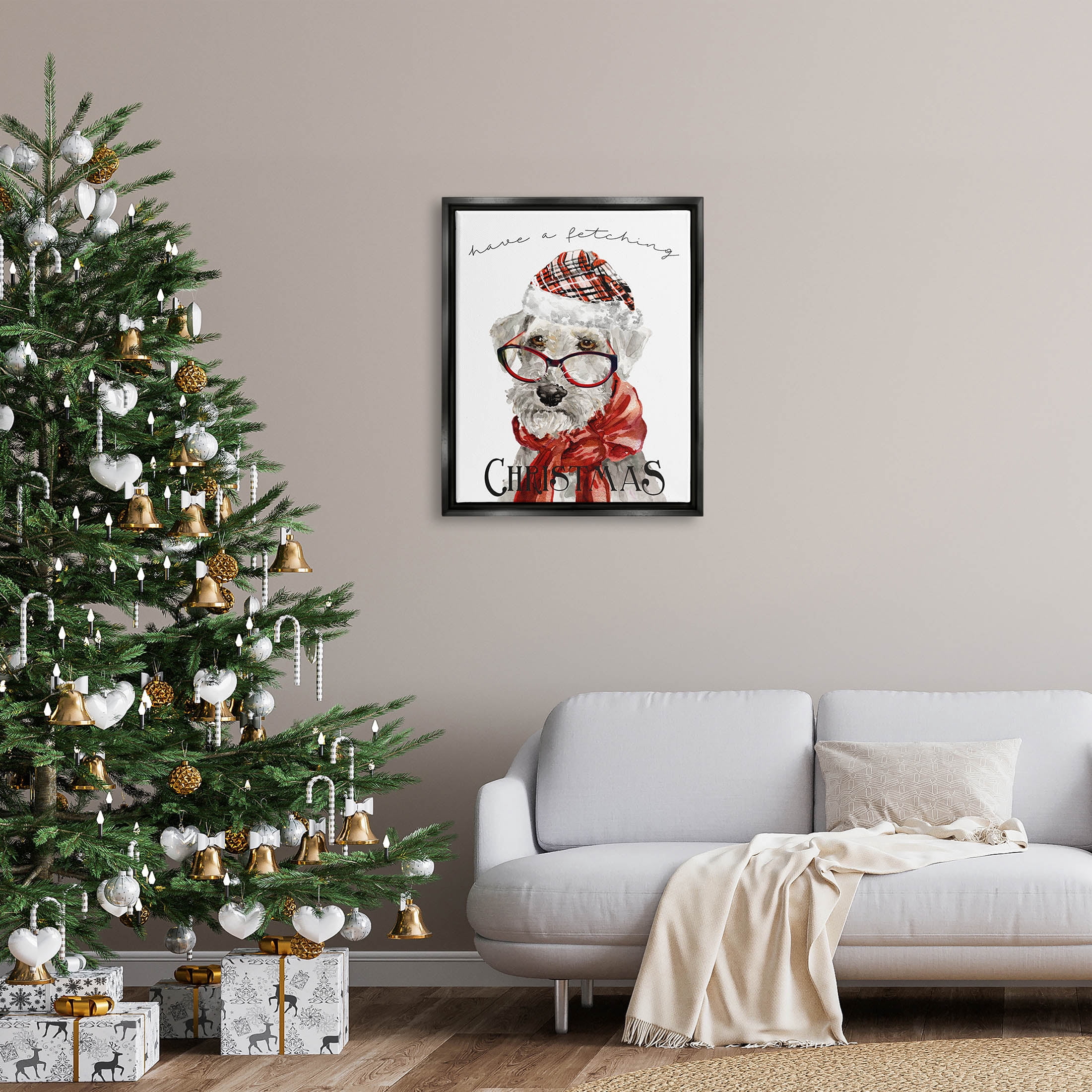 Stupell Industries Have a Fetching Christmas Dog Graphic Art Jet Black Floating Framed Canvas Print Wall Art, Design by Livi Finn