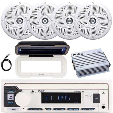Pyle PLMRB29W2 Single DIN Marine Bluetooth USB/AUX MP3 Player AM/FM Radio In-Dash Stereo White Receiver w/White Cover 4x 5.25 180W Max Waterproof Low Profile Speakers 4 Channel Amplifier Antenna