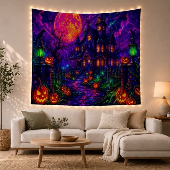 Haunted House with Glowing Pumpkins on Cobblestone Path Spooky Digital Art for Gothic Decor Fans, Fantastical Halloween Art, Halloween Gift Tapestry Wall Hanging for Bedroom and Living Room