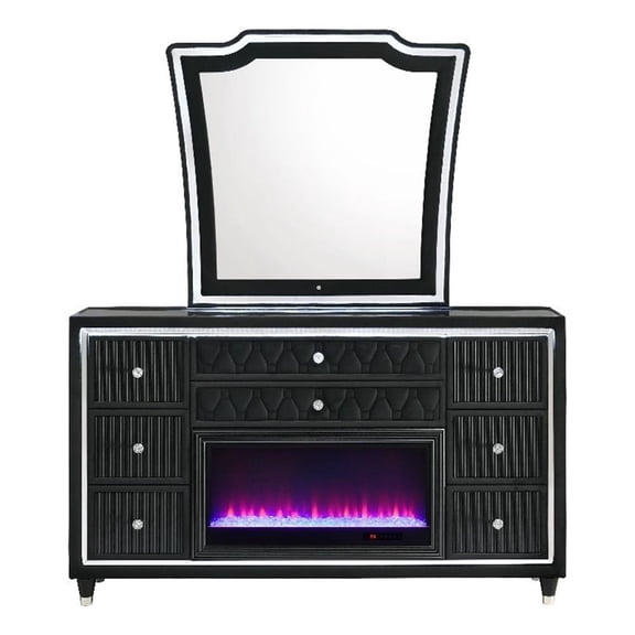 Coaster Lorient 8-Drawer Velvet LED Flame Box Dresser and Mirror in Black