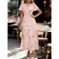 thumbnail image 4 of Pink Chiffon Floral Print Ruffle Sleeve Elegant Midi Dress For Women, 4 of 6