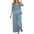 thumbnail image 3 of Women's Cotton Linen Embroidered Shirt and Wide Leg Pants Two Piece Set, 3 of 6