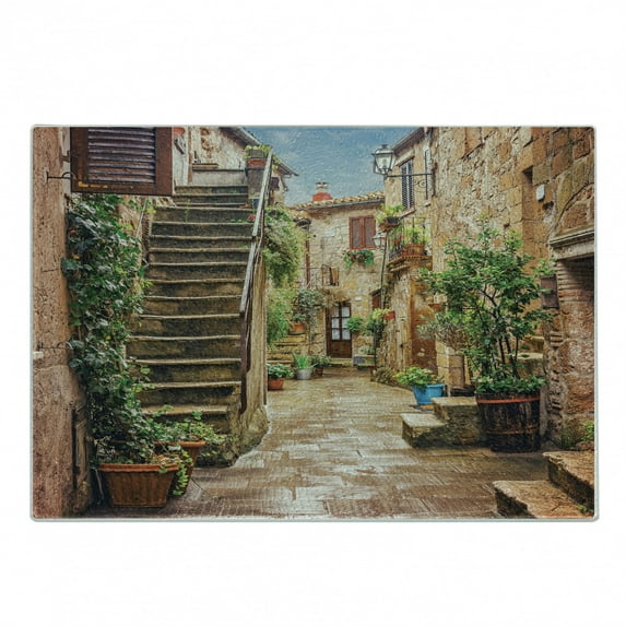 Italian Cutting Board, View of Old Mediterranean Street Stone Rock Houses in Italy City Rural Print, Decorative Tempered Glass Cutting and Serving Board, Small Size, Multicolor, by Ambesonne