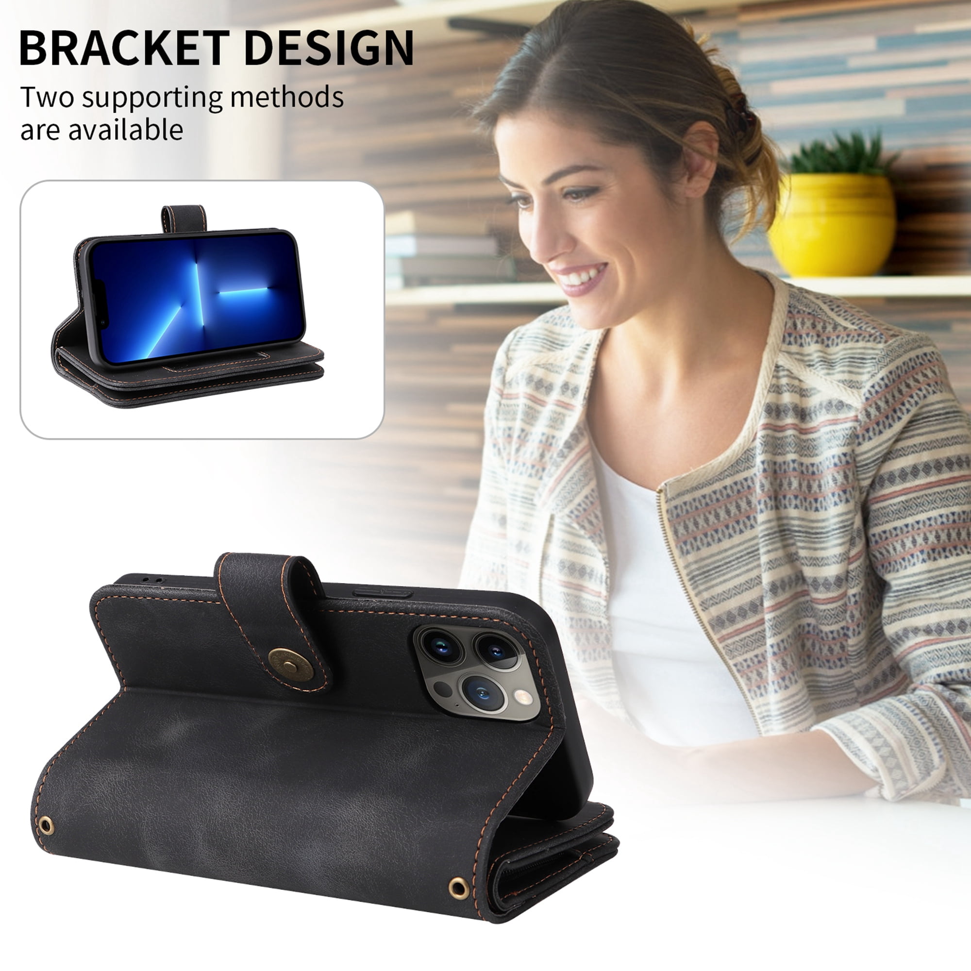Dteck for Apple iPhone 14 Pro 6.1 inch Wallet Case for Women Men, Sturdy PU Leather Case Magnetic Flip Zipper 7 Cards Holder Wristlet & Shoulder Strap Kickstand Phone Case, Black