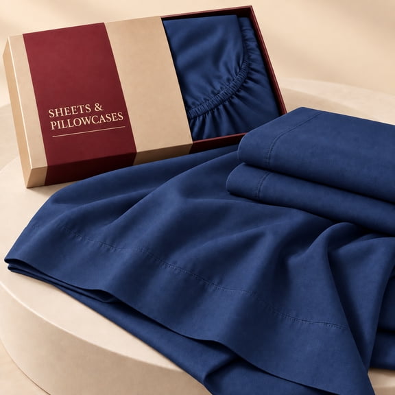 3/4PCS Soft Breathable Bed Sheets,Deep Pocket Fitted Sheet with Envelope Pillowcases.(Navy Blue,Twin)