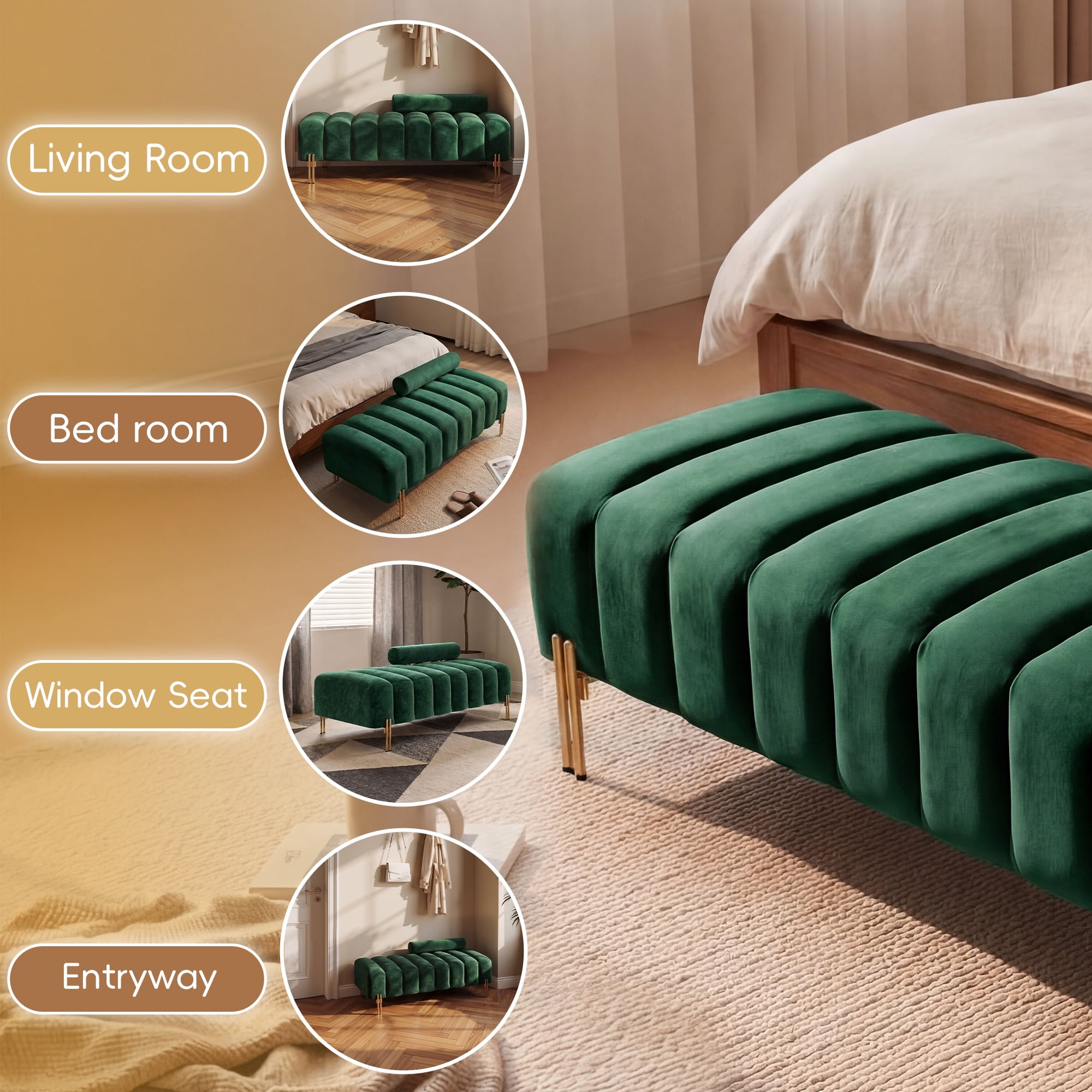 Wiilayok 52" Upholstered Velvet Ottoman Bench,End of Bed Bench with Gold Legs,Tufted Long Bench for Bedroom Living Room Foyer Indoor Entryway,Green