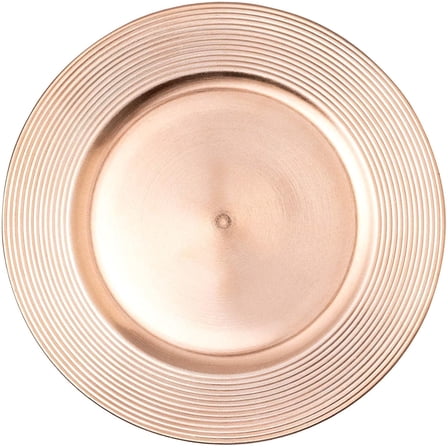 Simply Elegant Concentric Circles Edge Plastic Charger Plate | Service Plate for Parties, Dinner, Weddings, Quinceaneras and Events | 13 inch Diameter | Rose Gold- Gloss Finish | Set of 12
