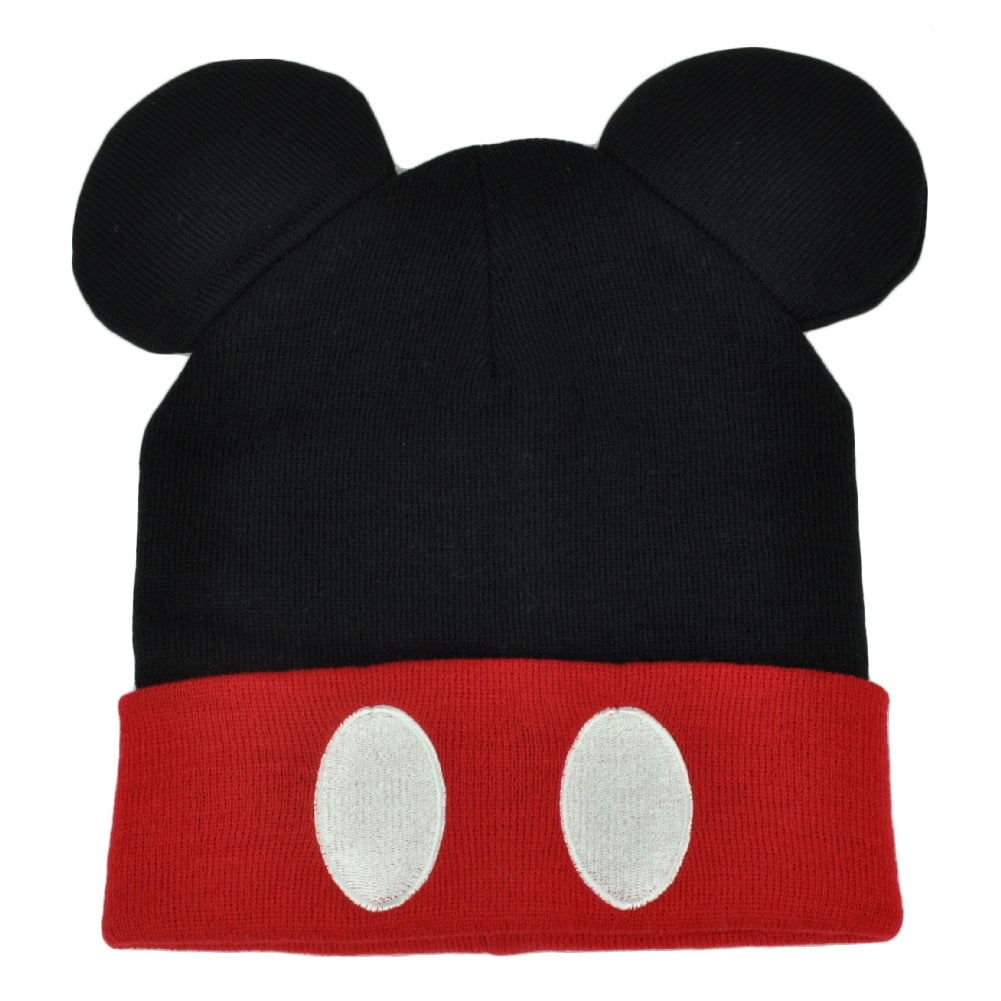Mickey Mouse Ear Knit Beanie Toque Black Red Disney Cuffed Youth Hat ...