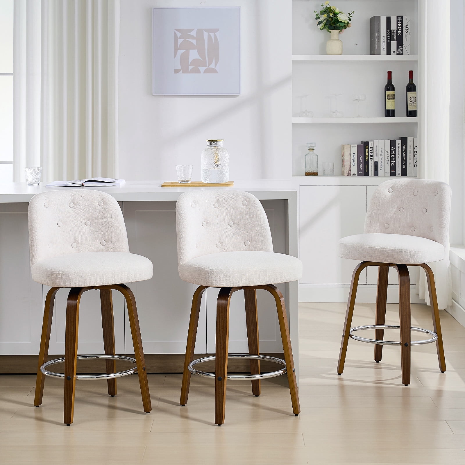Foreate Swivel Bar Stools Set of 2, 26" Upholstered Linen Fabric with Button-tufted Mid-Back & Wood Legs, Modern Chair Kitchen Pub Island Counter Stool