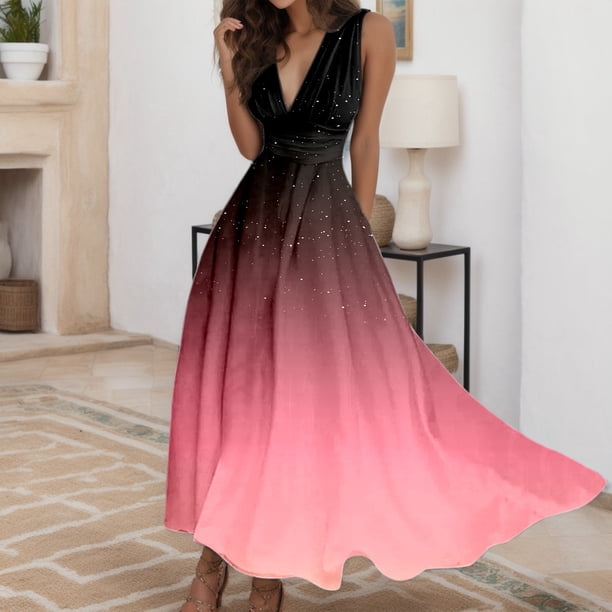 WILLBEST Vestido Lino De Verano Para Mujer, Moderno Y Belleza, Con Estampado De Cielo Estrellado Degradado, Escote En V, Cintura Sin Mangas, Vestido Informal Para Vacaciones En La Playa