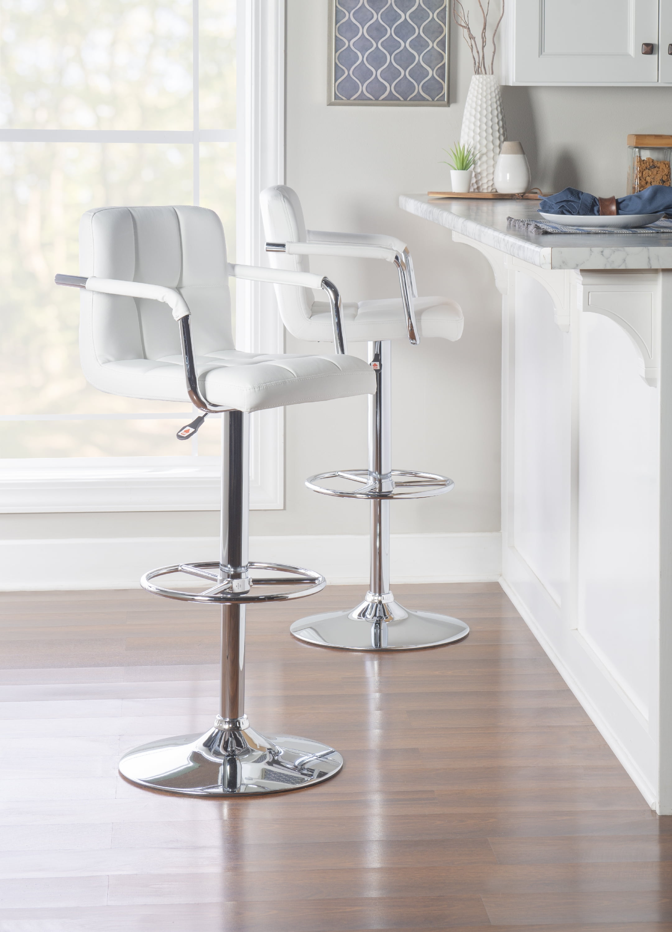 Linon White Quilted Faux Leather Gas-Lift Adjustable Swivel Bar Stool in Chrome