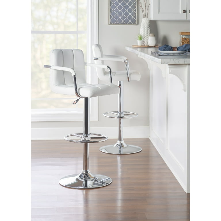 Linon White Quilted Faux Leather Gas Lift Adjustable Swivel Bar Stool in Chrome