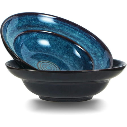 Ceramic Pasta Salad bowl, 10" Wide Rim Soup Bowls, 48oz Deep Porcelain Pasta Plate,Set of 2,Large Serving Bowls for Kitchen,Microwave Safe(Starry Blue)