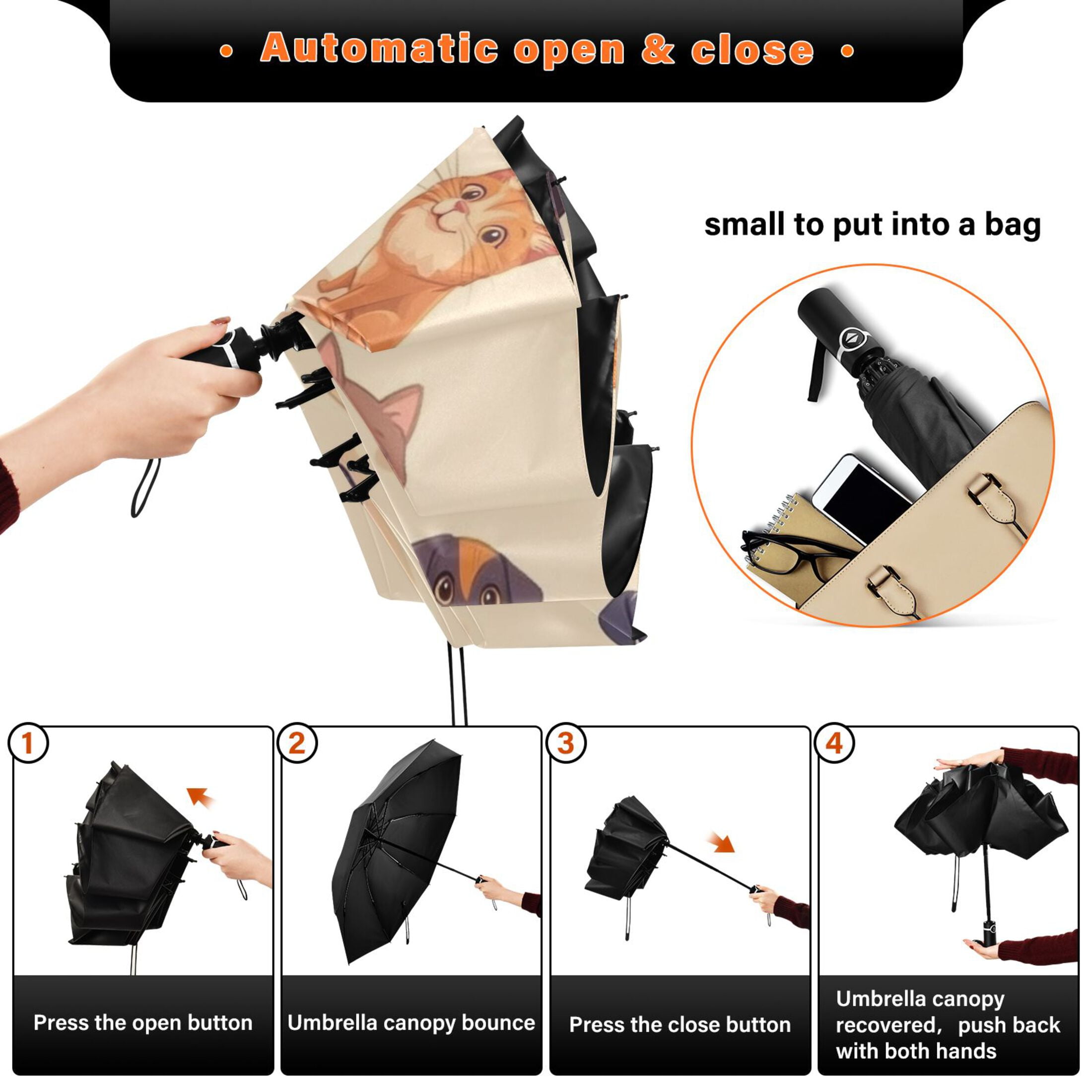 Cartoon Cats and Dogs Pattern Extra Large Automatic Umbrella, UV Protection, Waterproof, Auto Open and Close