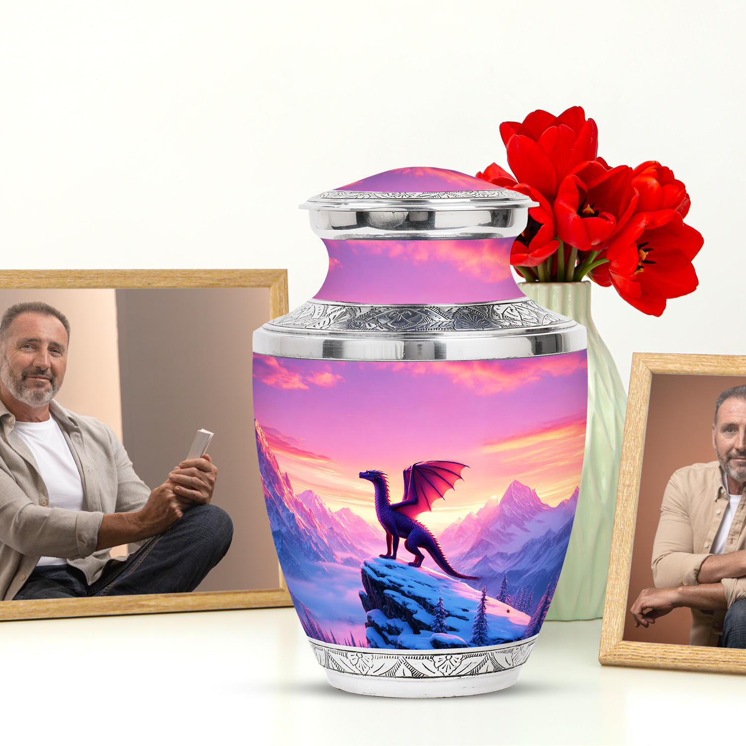 JAGASY Dragon Urn for Human Ashes for Women, Pink Large Urn for Ashes Adult Male, Snowy Mountain & Sunset Decorative Urns for Father, Memorial Cremation Urns for Mother, (10 Inch)