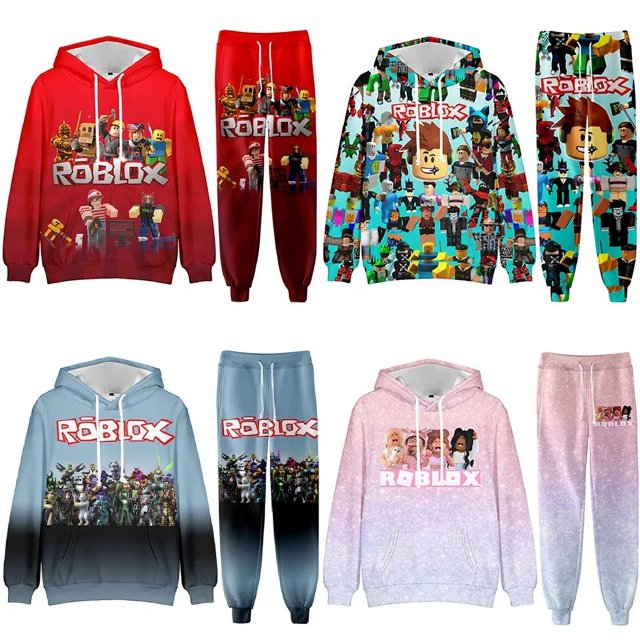 Roblox-Sudadera con capucha y pantalones de chándal para niño y niña, conjunto informal con estampado de dibujos animados, ideal para regalo de Navidad, primavera y otoño
