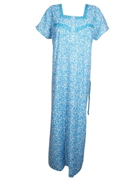 Mogul Women Blue Maxi Dress, Kaftan Soft Comfy Sleepwear, Nightgown, Embellished Housedress, Resort Wear Dress XL