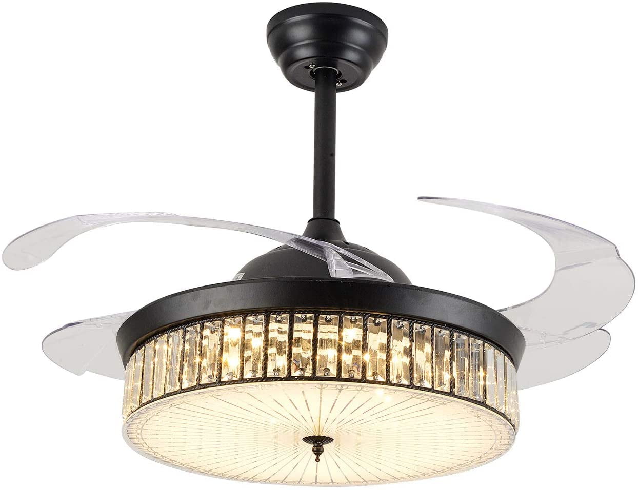 42"/44"Remote Control Crystal LED 3-Color Chandelier Invisible Ceiling Fan Light 