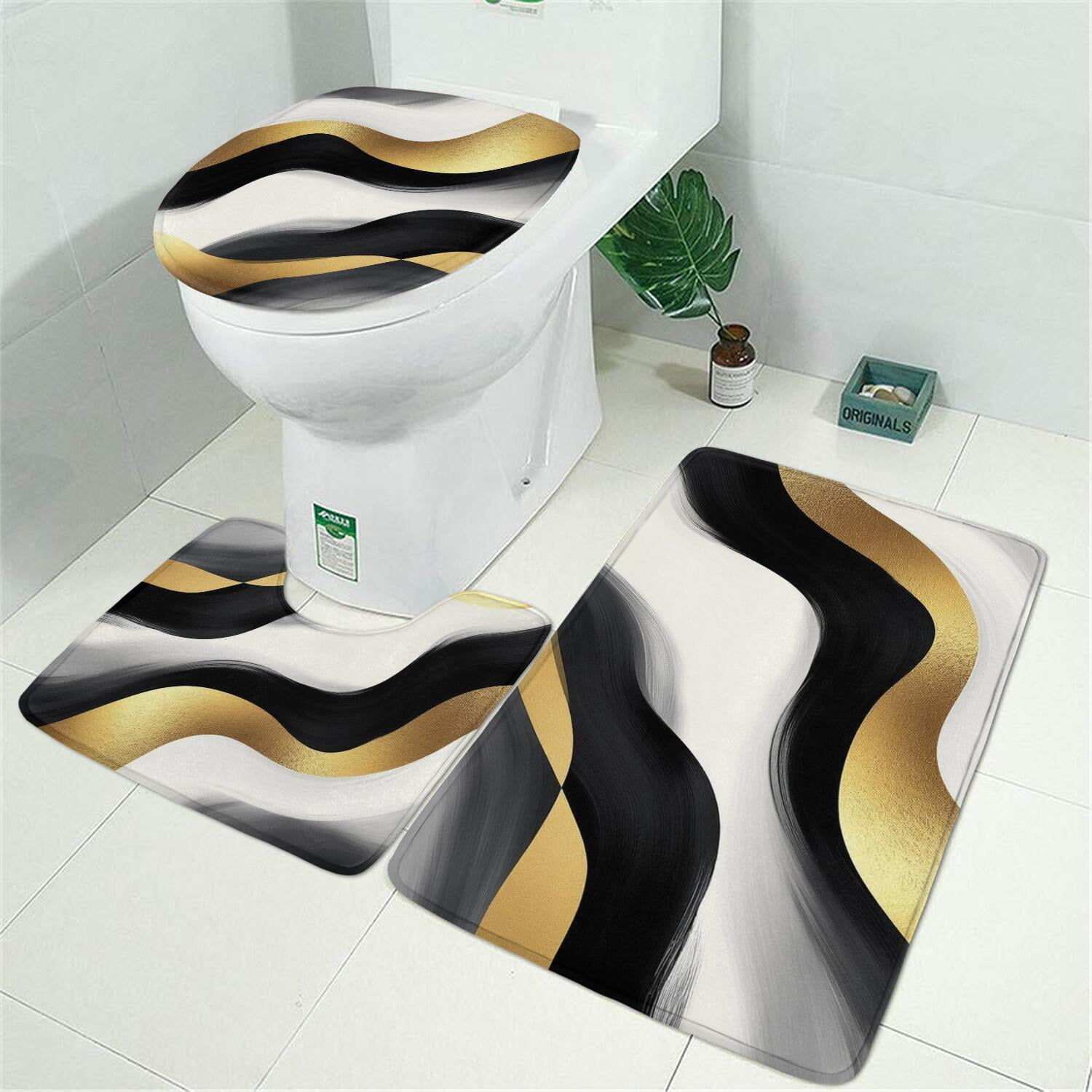 Black White Marble Gold Wave Pattern Bathroom Rugs Sets 3 Piece,Toilet Cover Set,Absorbent Non Slip Bathroom Mats Sets with U-Shaped Contour Rug Toilet Rug Set