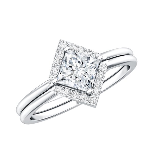 Rosec Jewels Sterling Silver Moissanite Wedding Ring Set - Square Engagement Ring with Band - 925 Stamped Ring for Mothers Day Gift, US 5.00