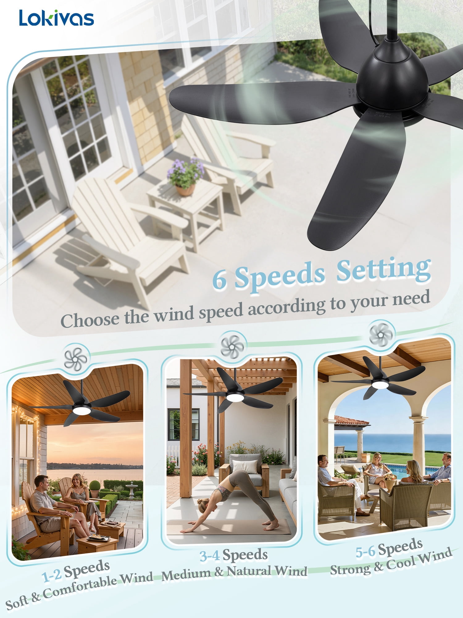 Lokivas 46" Black Waterproof Outdoor Gazebo Ceiling Fan with Light, Quiet 6-Speed DC Motor, IP65 Plug-in Remote Control Hanging Fan for Patio Porch Pergola