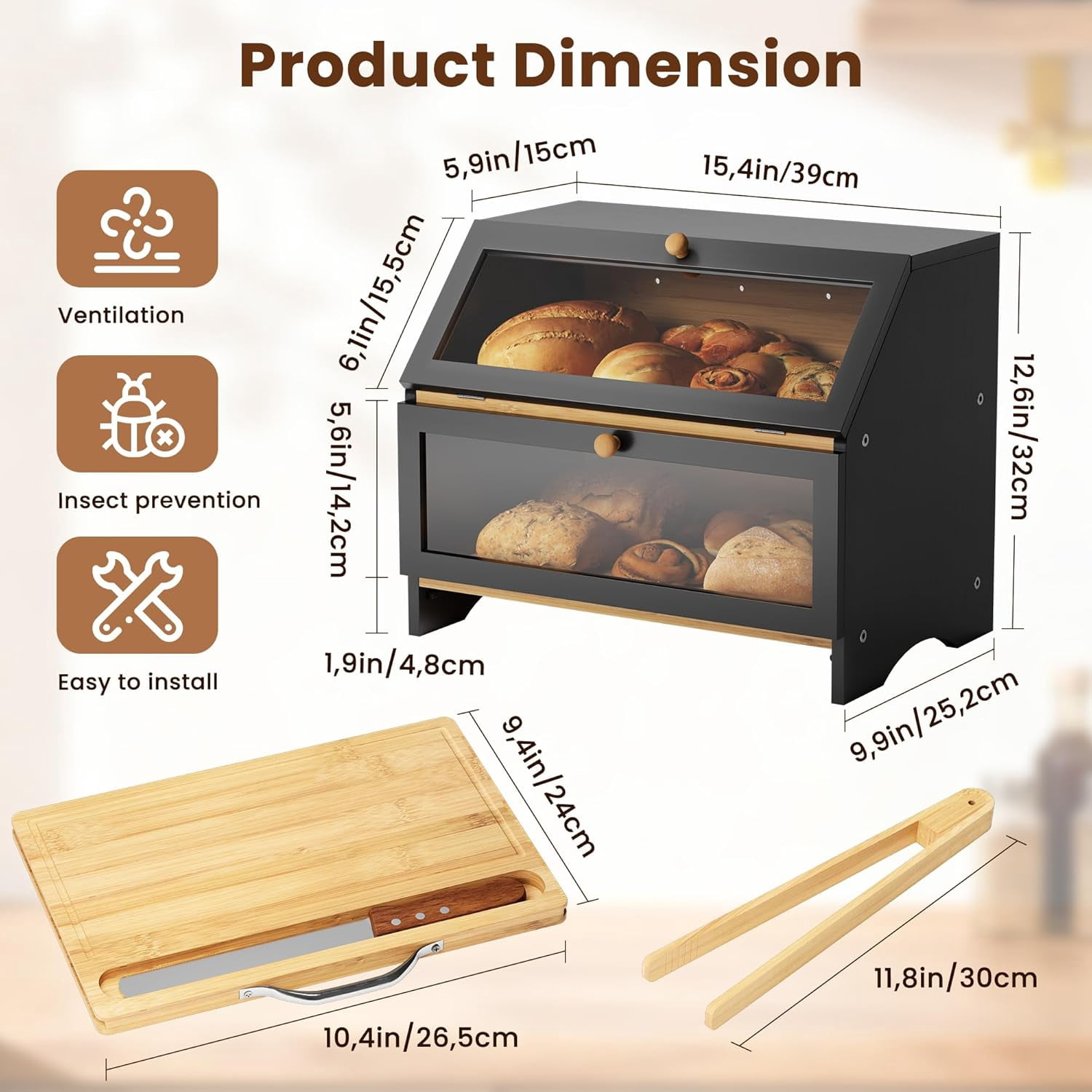 Double Layer Bamboo Bread Box for Kitchen Countertop, Large Capacity, Cutting Board, Stainless Steel Bread Knife, Double Layer Storage Container with Clear Windows, Black