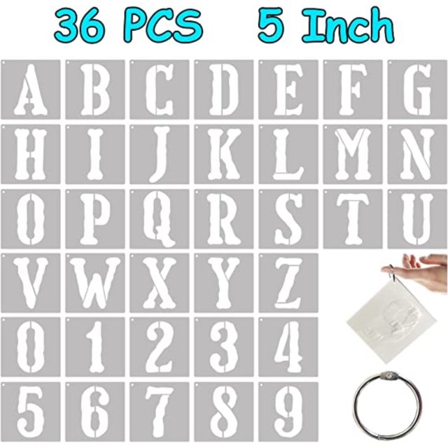 DEBGFS 36 PCS Alphabet Number Stencils for Painting on Wood, 5 Inch Cursive Letter Stencils Reusable Art Crafts Calligraphy Stencils Plastic Alphabet Drawing Templates Kits DIY Art Project
