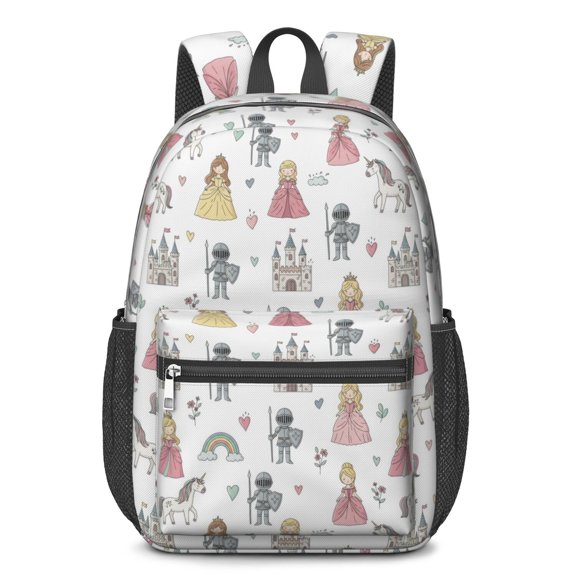 Princess and Knight White Pattern 17" Waterproof Oxford School Backpacks for Teens, S-Shape Padded Straps, for School, Travel, Hiking, Camping