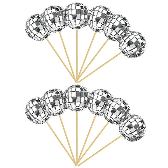 MUSEYA 12 Pcs Silver Disco Ball Cake Decorations and Cupcake Toppers with Mirrored Glass and Wood for