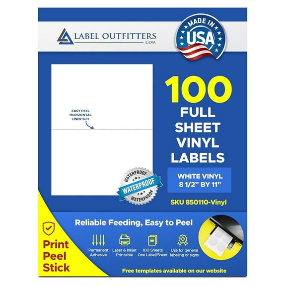 Laser Vinyl Labels 8.5x11 White - 100 Sheets Weatherproof Permanent Labels with Horizontal Slits - Printer Labels for Laser Printers