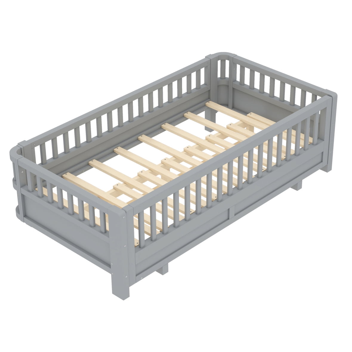 Twin XL Montessori Floor Bed or Queen Platform Bed for Kids, Solid Wood Twin XL Bed Frame with Guardrails, 2-in-1 Convertible Toddler Bed Frame, Grey