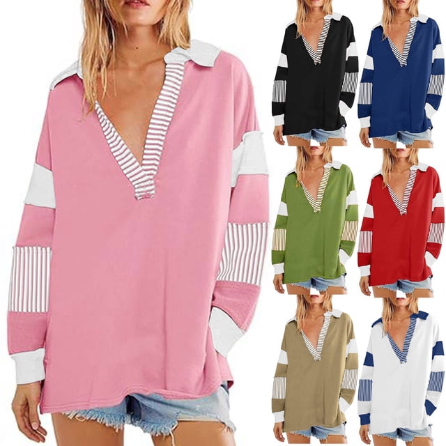 UVEASISHA Chandail en Molleton Rayé Femme Col en V Patchwork Coloré Manches Longues Chandail Décontracté Col à Revers Surdimensionné Chandails en Molleton Mode 2024 Vêtements Amples Automne Offres Prime Day, Marine, G