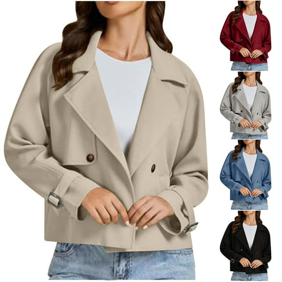 jtjvou Cropped Trench Coat for Women Long Sleeve Double Breasted Notched Lapel Casual Loose Fit Jackets with Pockets Black L