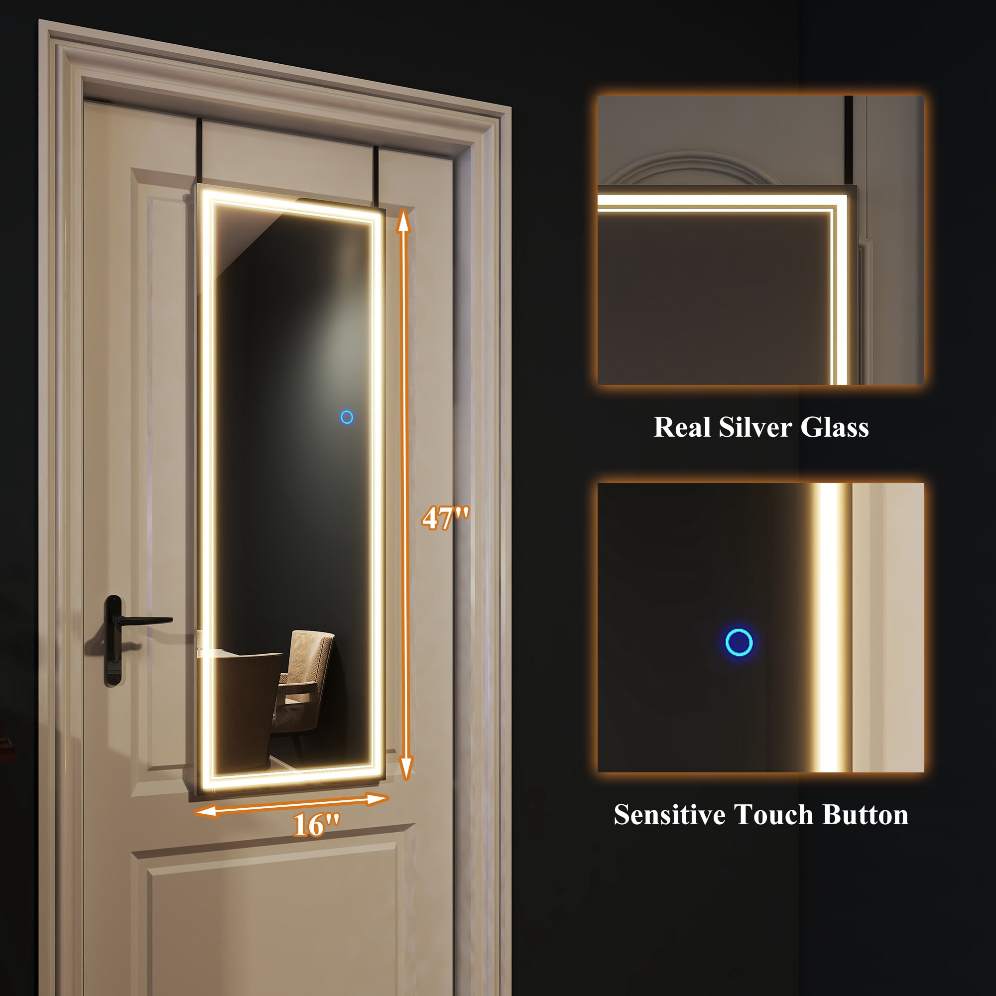 47"x16" Mordern Rectangle Hanging LED Mirror Door Mirror Vanity Mirror,Silver
