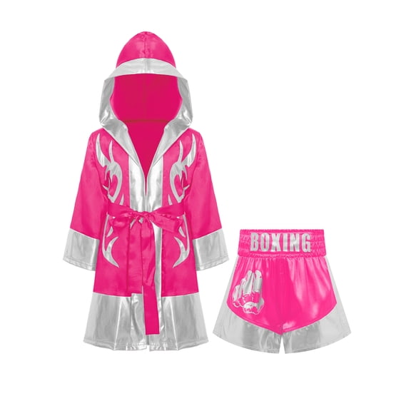 Haitryli Kids Boys Girls 2pcs Boxing Uniform Robe Shorts Kickboxing Muay Thai Combat Martial Arts Tracksuit Hot Pink Silver 8