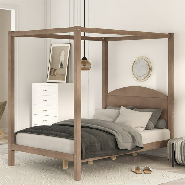 Full Size Canopy Bed with Headboard,Modern 4Post Canopy Platform Bed