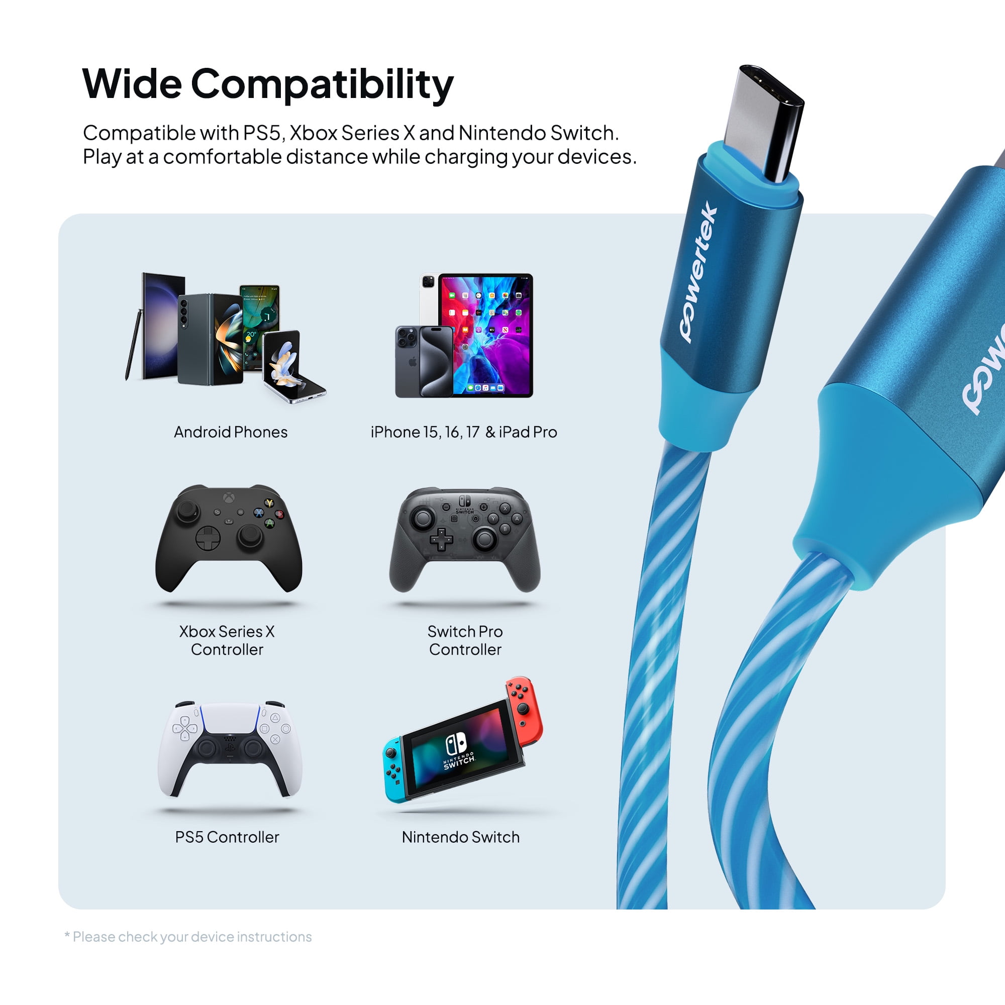 Powertek Light-Up USB-A to USB-C Charging Cable, 5 ft, Blue
