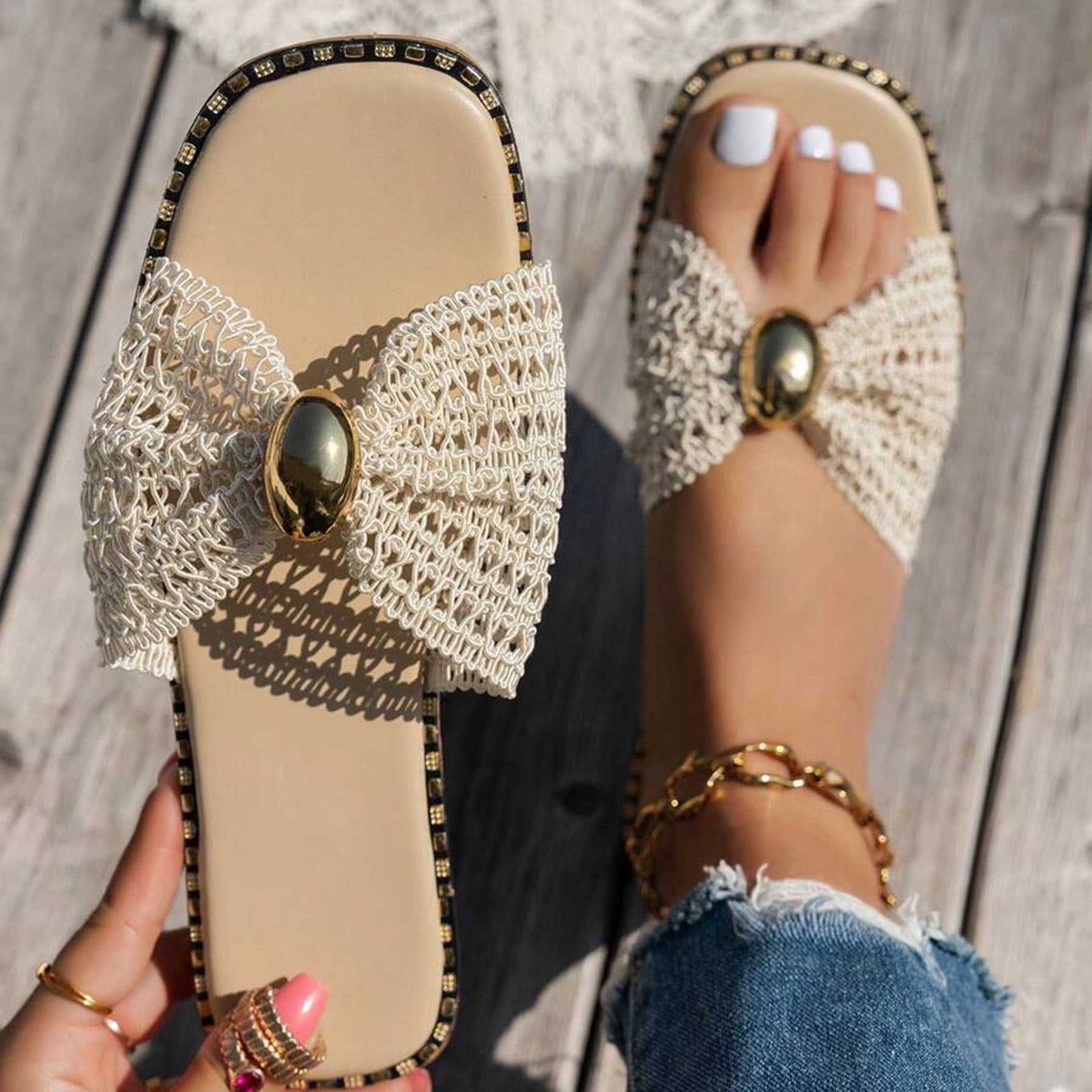 Rokment Flat Slip on Slides Sandals for Women Ladies 2026 Trendy Casual Bow Crochet Open Tow Low Heels Mules Summer Dress Slippers Vacation Beige Size 6