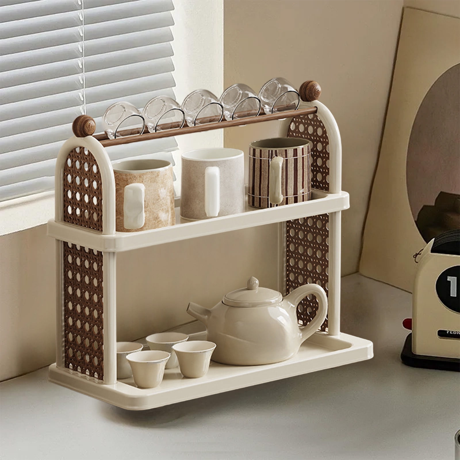 SHENGXINY Desk Organizer, Multi-Layer Desktop Organizer Shelf & Rack, Cup Tea Storage Holder, Multi-Function Organizer for Kitchen Desktop White 14.02x13.19x7.95in