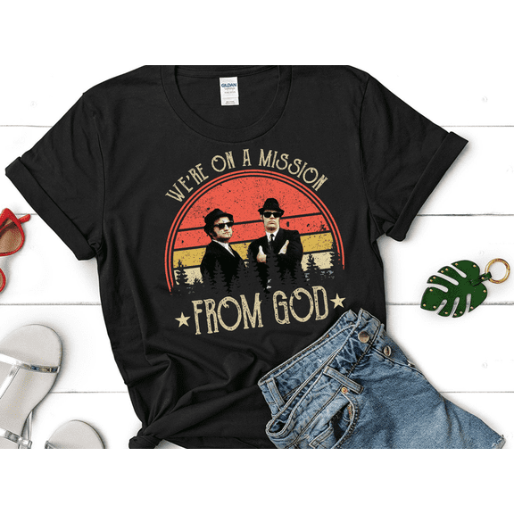 Joliet Jake & Elwood Blues "We're On A Mission From God" Vintage T-Shirt, Classic Movie Quote Tee, Retro Film Inspired Unisex Shirt