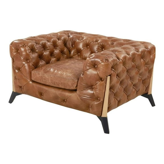 Pemberly Row Top Grain Leather Chesterfield Tufted Arm Chair in Light Brown