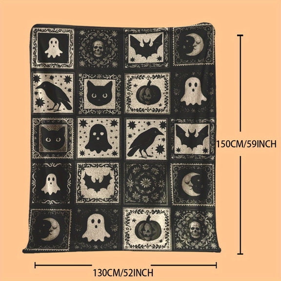Halloween Blanket with Ghosts, Pumpkin Lanterns, Bats, Spider Webs & Skull Patchwork, Soft Warm Gift for Friends Family Camping Travel