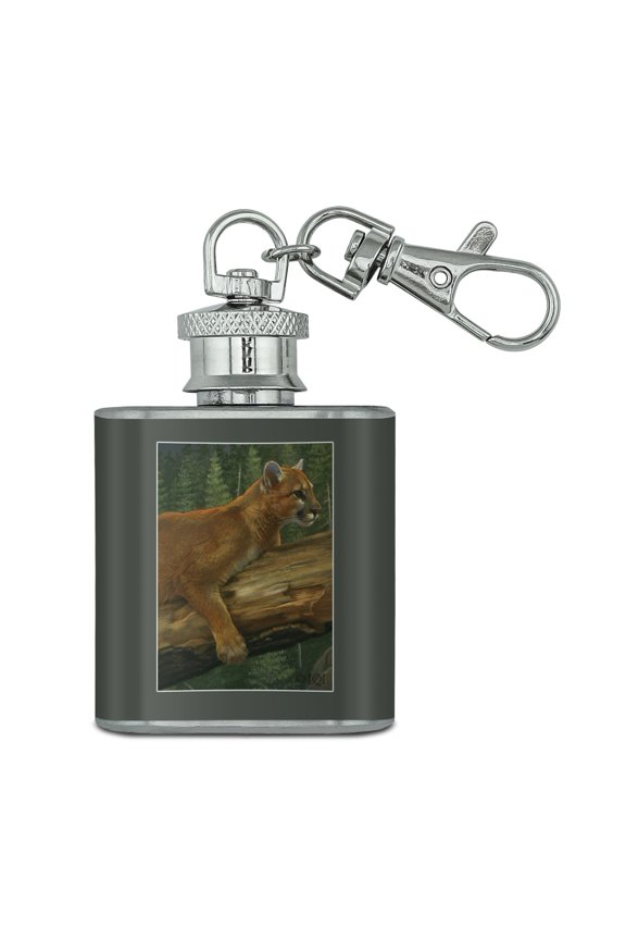 Cougar Mountain Lion on Fallen Tree Stainless Steel 1oz Mini Flask Key Chain