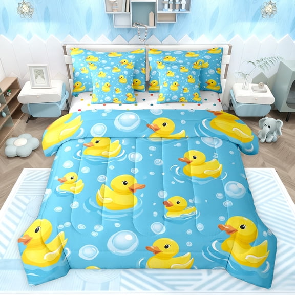 jejeloiu Cartoon Rubber Duck 7-Piece Twin Bedding Sets,Kawaii Ducks Bedding Comforter Set,Cute Animal Sheet Sets For Girls Boys,Microfiber Bedroom Decor Reversible