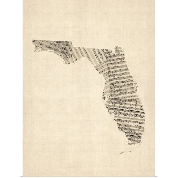 Great BIG Canvas | Rolled Michael Tompsett Poster Print entitled Old Sheet Music Map of Florida