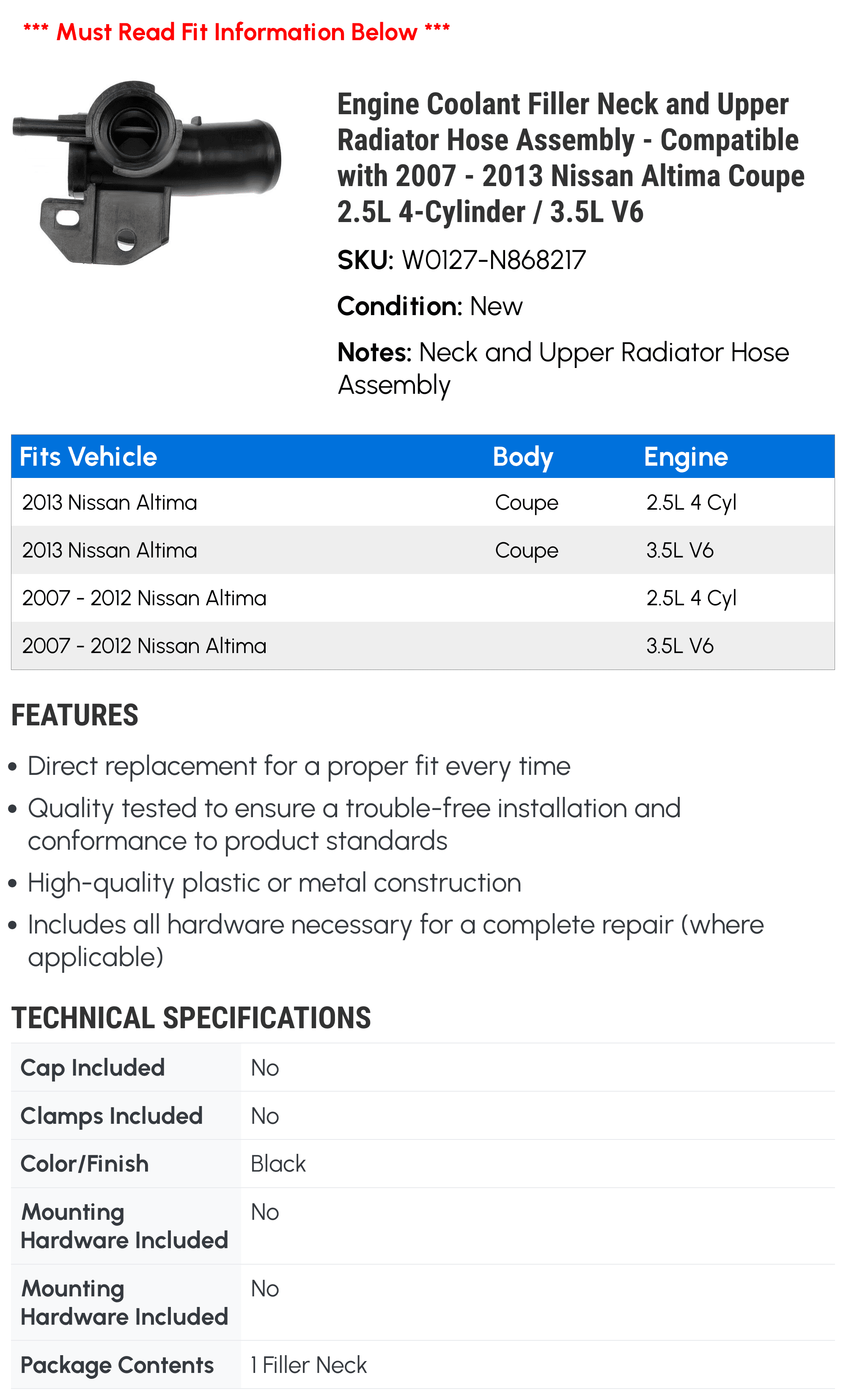 Parts & Accessories UPPER ENGINE RADIATOR COOLANT FILLER NECK FOR 20072013 NISSAN ALTIMA 2.5L