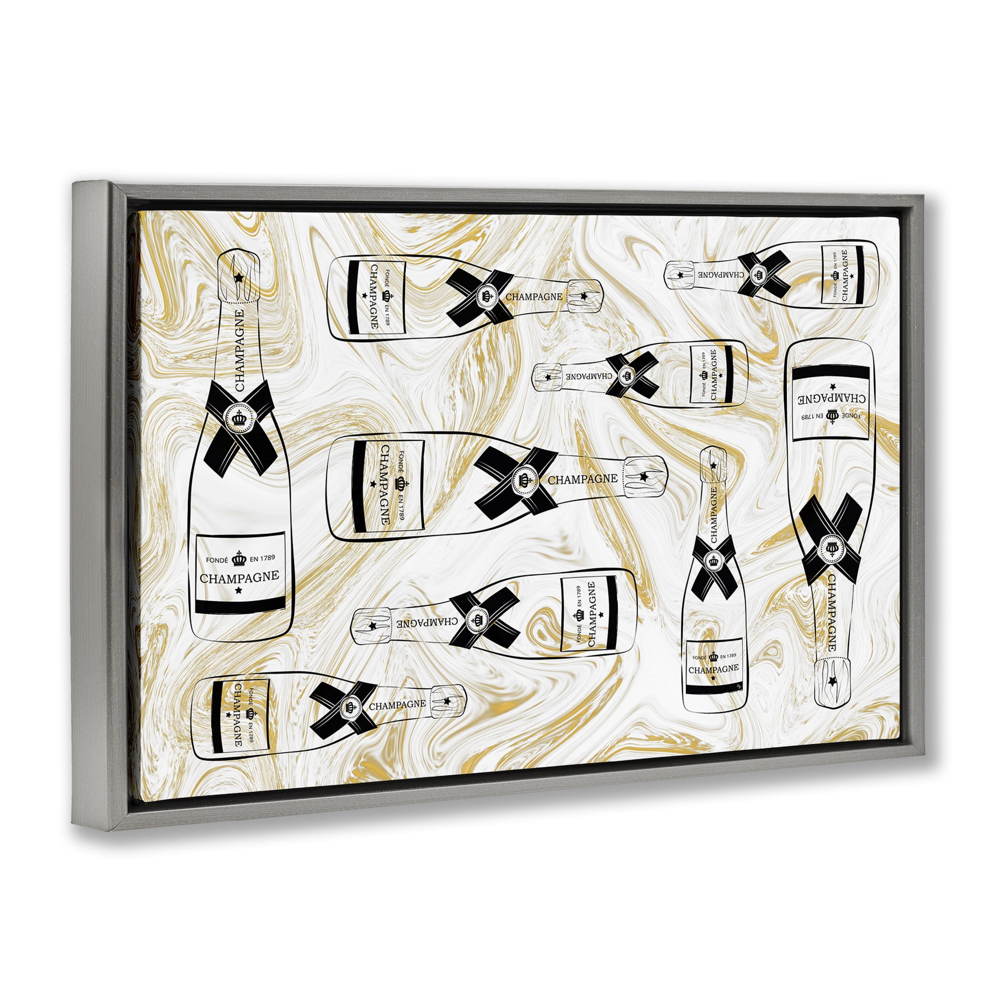 Stupell Industries Gold Streaked Champagne Food & Beverage Painting Gray Floater Framed Canvas Art Print Wall Art, 31 x 21