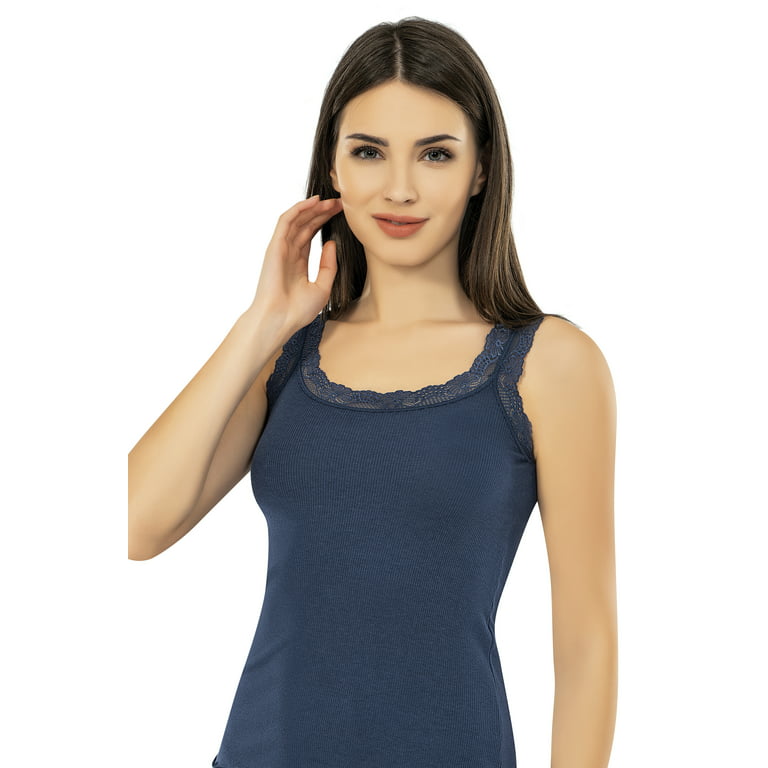 Lace Camisole Tank Tops for Women, Durable Comfy Soft Stretch Cotton Basic  Cami (Navy Blue, Small) 