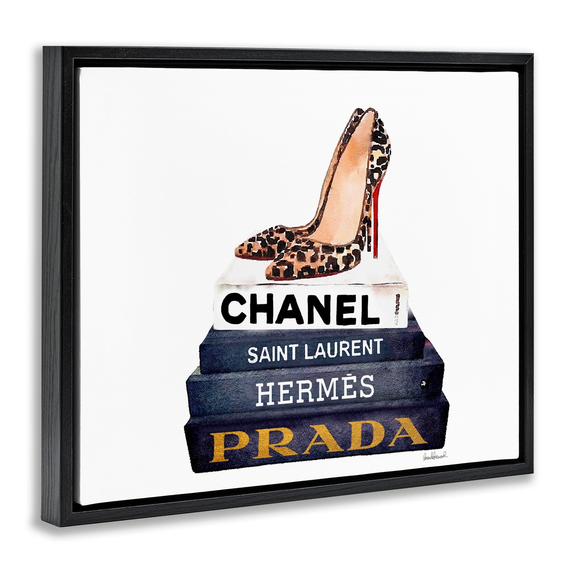 Stupell Industries Glam Fashion Book Set Leopard Pumps Heels Jet Black Framed Floating Canvas Wall Art, 24x30, by Amanda Greenwood